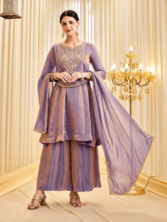 Premium Tissue Shimmer Short Anarkali Suit Set with Palazzo & Dupatta