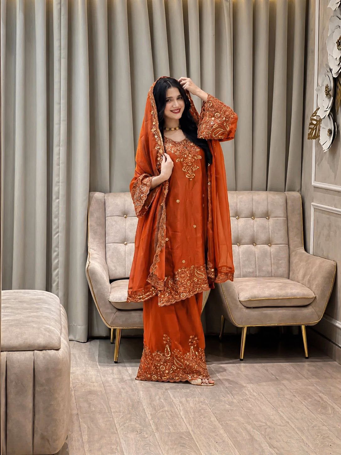 Women's Cream & Orange Mulmul Cotton Printed Saree with Traditional Border & Designer Ethnic Pallu with Blouse Piece