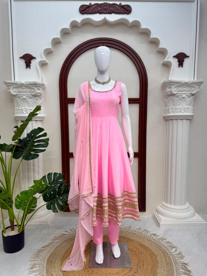 Pastel Pink Flared Anarkali Suit Set with Embellished Net Dupatta