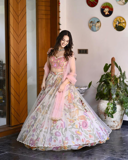 Pastel Pink Floral Print Organza Lehenga Choli Set with Embroidered Blouse