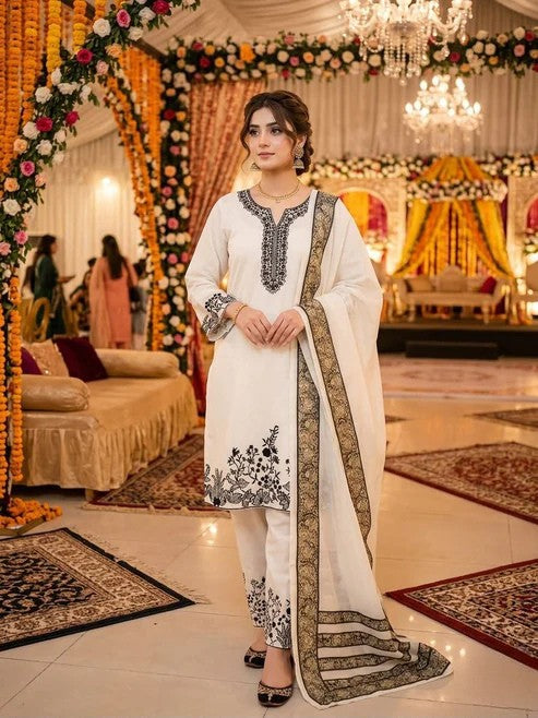 Heavy Faux Georgette Embroidered Suit Set with Palazzo & Dupatta