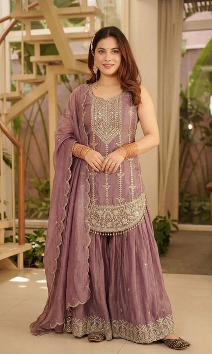 Designer Fendy Silk Embroidered Top Sharara Set with Dupatta