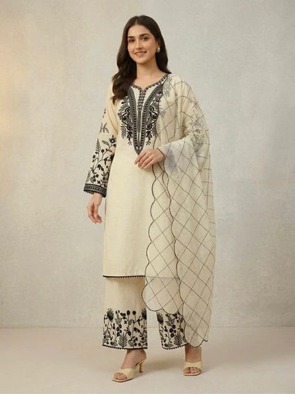 Mal Cotton Sequence Embroidered Suit Set with Palazzo & Organza Dupatta