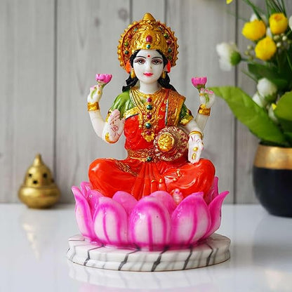 FAB CRAFT STUDIO Lakshmi MATA Marble Dust Statue/Laxmi Idol for Home Temple Statue Sitting on Lotus Flower