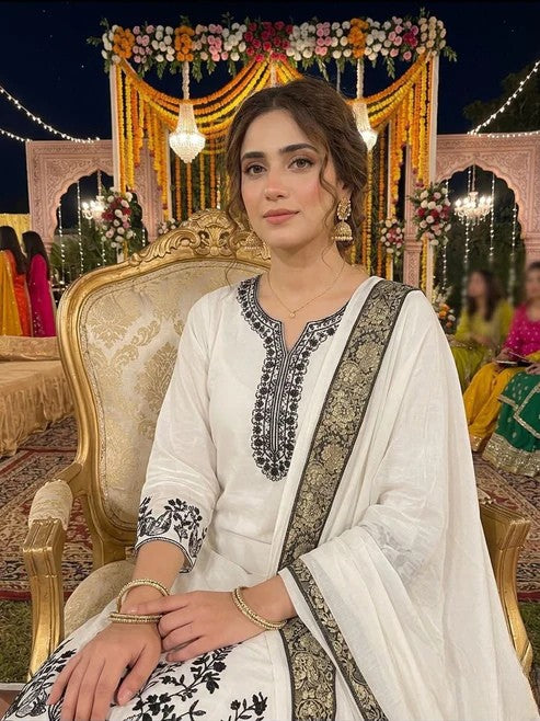 Heavy Faux Georgette Embroidered Suit Set with Palazzo & Dupatta