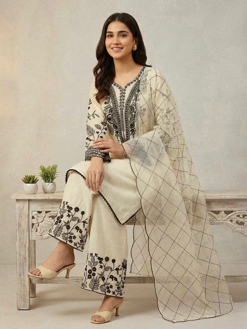 Mal Cotton Sequence Embroidered Suit Set with Palazzo & Organza Dupatta