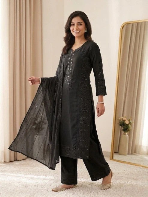 Mal Chanderi Hand Mirror Embroidered Suit Set with Palazzo & Organza Dupatta