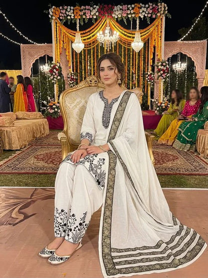 Heavy Faux Georgette Embroidered Suit Set with Palazzo & Dupatta