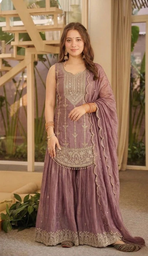 Designer Fendy Silk Embroidered Top Sharara Set with Dupatta