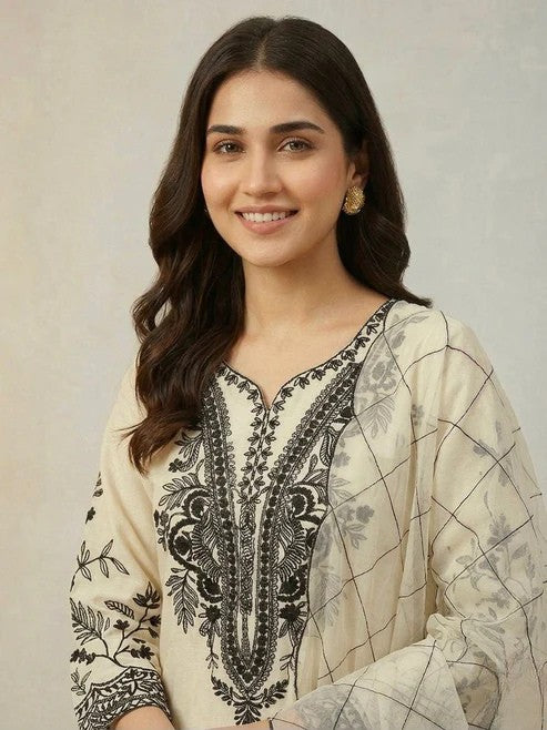 Mal Cotton Sequence Embroidered Suit Set with Palazzo & Organza Dupatta