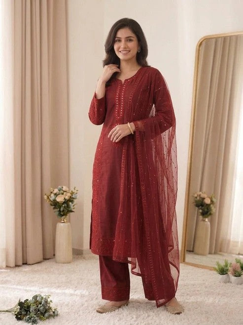 Mal Chanderi Hand Mirror Embroidered Suit Set with Palazzo & Organza Dupatta
