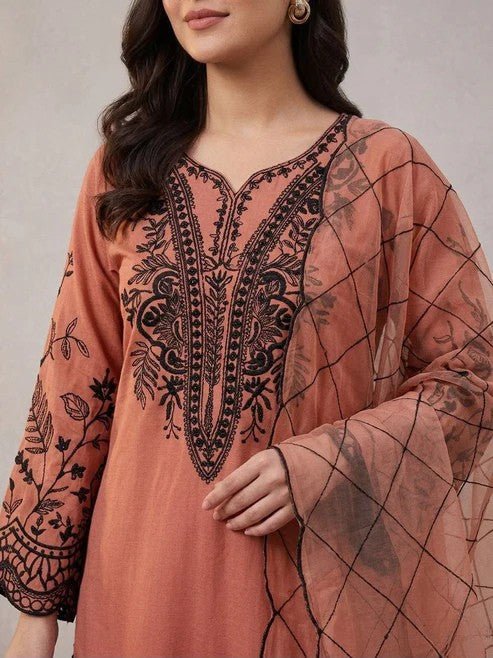 Mal Cotton Sequence Embroidered Suit Set with Palazzo & Organza Dupatta