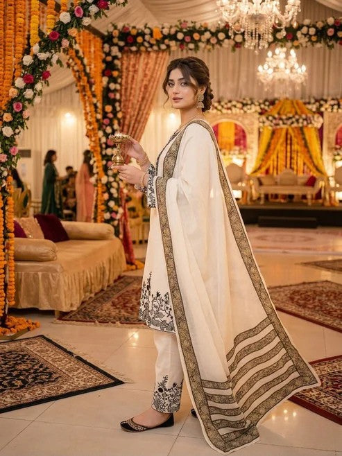 Heavy Faux Georgette Embroidered Suit Set with Palazzo & Dupatta