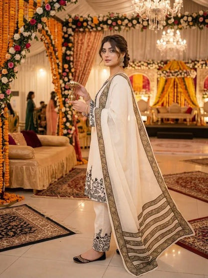 Heavy Faux Georgette Embroidered Suit Set with Palazzo & Dupatta