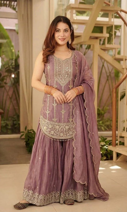Designer Fendy Silk Embroidered Top Sharara Set with Dupatta