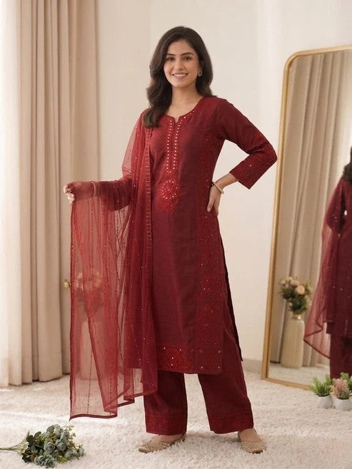 Mal Chanderi Hand Mirror Embroidered Suit Set with Palazzo & Organza Dupatta