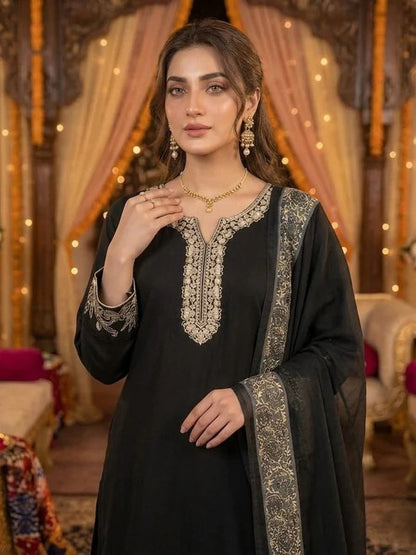 Heavy Faux Georgette Embroidered Suit Set with Palazzo & Dupatta