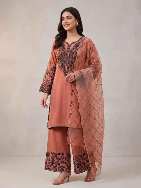 Mal Cotton Sequence Embroidered Suit Set with Palazzo & Organza Dupatta