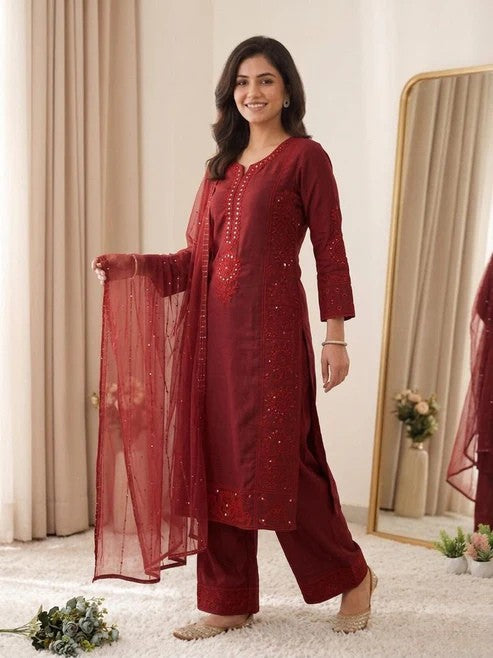 Mal Chanderi Hand Mirror Embroidered Suit Set with Palazzo & Organza Dupatta