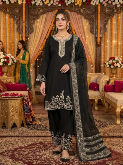 Heavy Faux Georgette Embroidered Suit Set with Palazzo & Dupatta