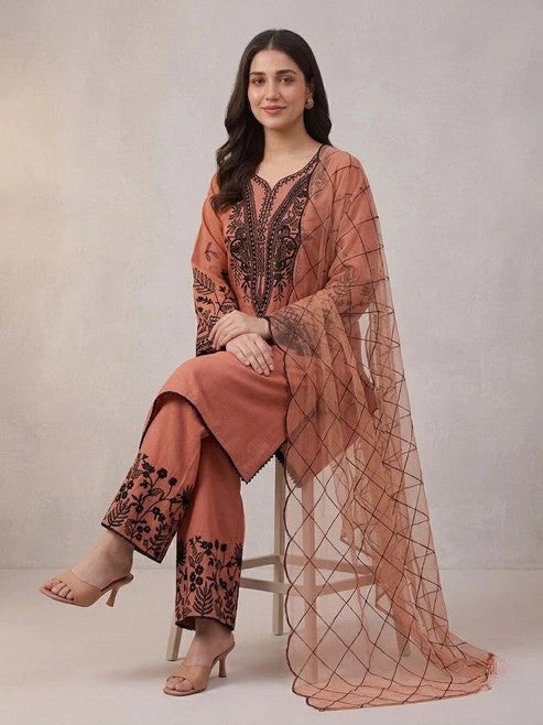 Mal Cotton Sequence Embroidered Suit Set with Palazzo & Organza Dupatta