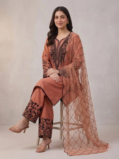 Mal Cotton Sequence Embroidered Suit Set with Palazzo & Organza Dupatta