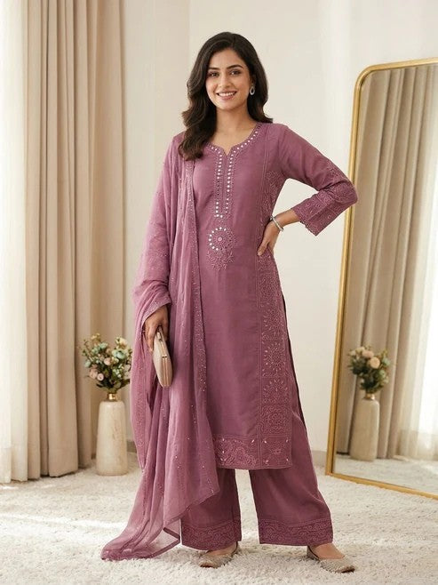 Mal Chanderi Hand Mirror Embroidered Suit Set with Palazzo & Organza Dupatta