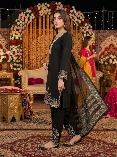 Heavy Faux Georgette Embroidered Suit Set with Palazzo & Dupatta
