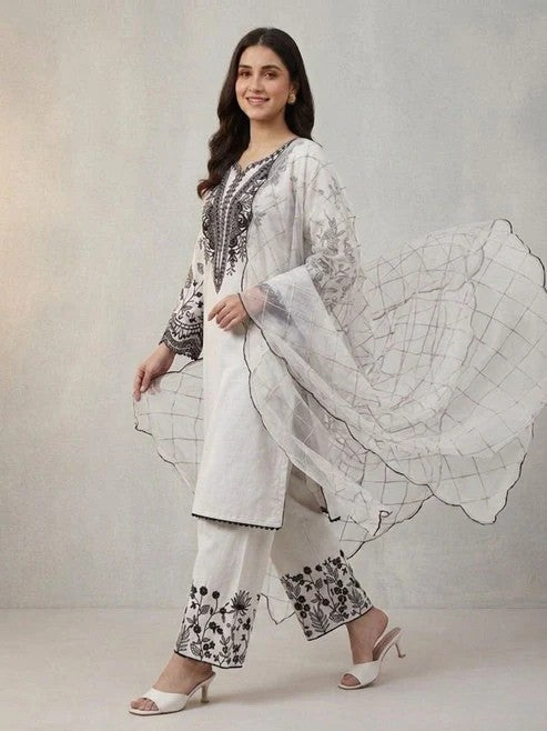 Mal Cotton Sequence Embroidered Suit Set with Palazzo & Organza Dupatta
