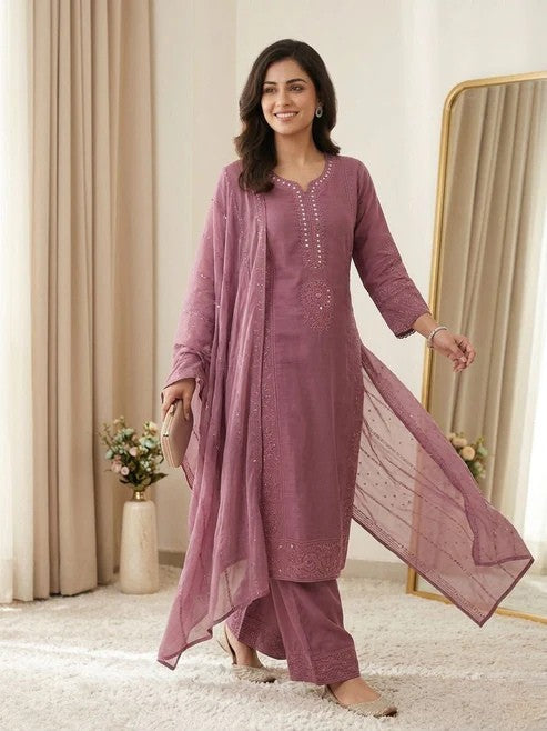 Mal Chanderi Hand Mirror Embroidered Suit Set with Palazzo & Organza Dupatta