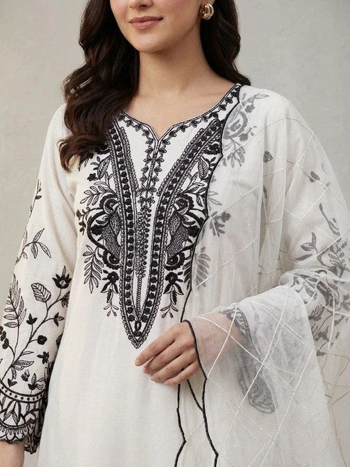 Mal Cotton Sequence Embroidered Suit Set with Palazzo & Organza Dupatta