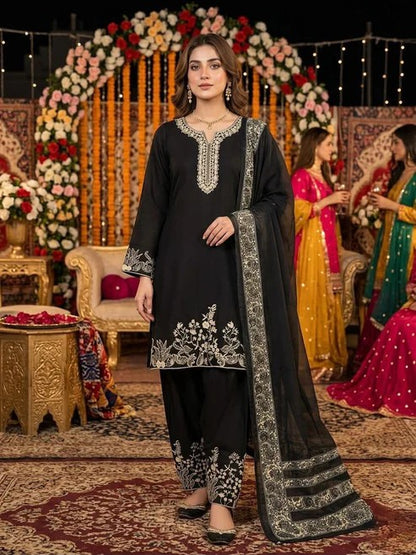 Heavy Faux Georgette Embroidered Suit Set with Palazzo & Dupatta