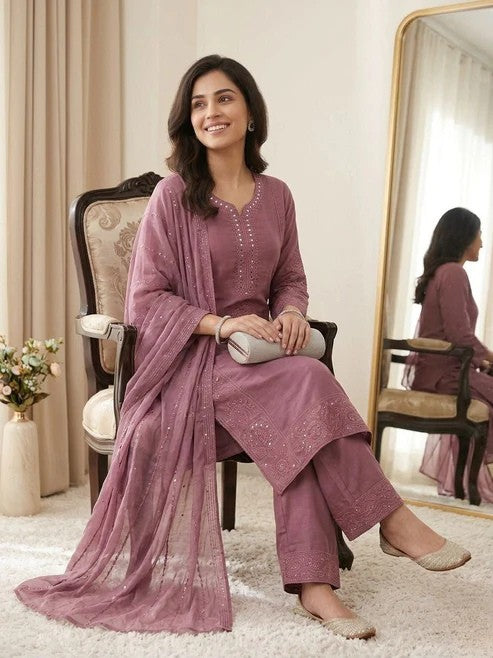Mal Chanderi Hand Mirror Embroidered Suit Set with Palazzo & Organza Dupatta