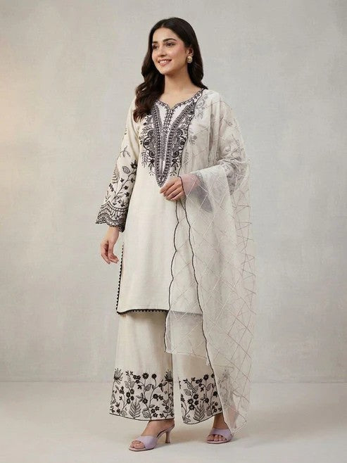 Mal Cotton Sequence Embroidered Suit Set with Palazzo & Organza Dupatta