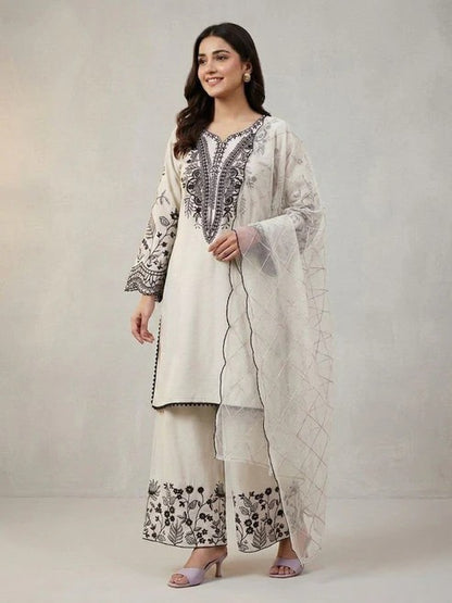 Mal Cotton Sequence Embroidered Suit Set with Palazzo & Organza Dupatta