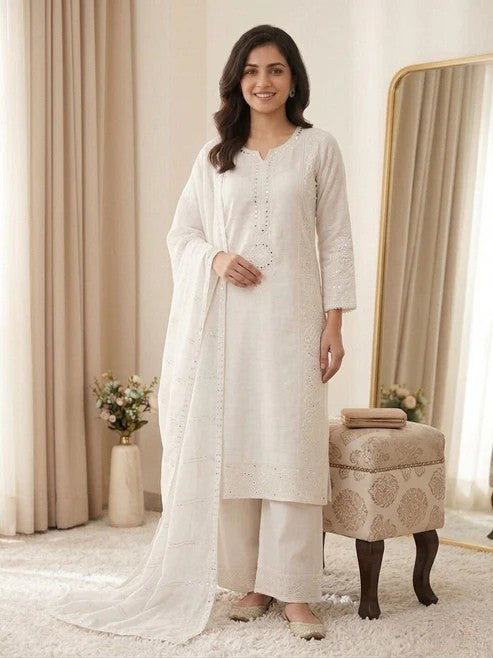 Mal Chanderi Hand Mirror Embroidered Suit Set with Palazzo & Organza Dupatta