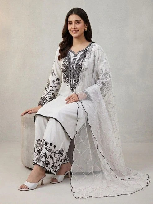 Mal Cotton Sequence Embroidered Suit Set with Palazzo & Organza Dupatta