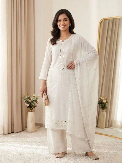 Mal Chanderi Hand Mirror Embroidered Suit Set with Palazzo & Organza Dupatta