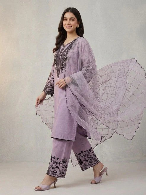 Mal Cotton Sequence Embroidered Suit Set with Palazzo & Organza Dupatta