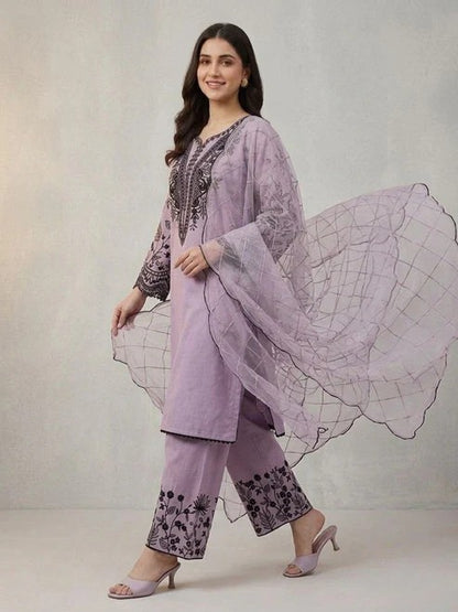Mal Cotton Sequence Embroidered Suit Set with Palazzo & Organza Dupatta