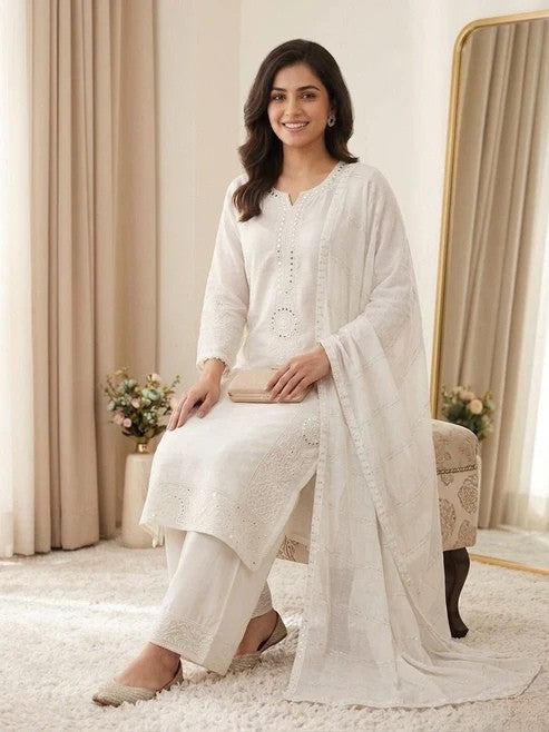 Mal Chanderi Hand Mirror Embroidered Suit Set with Palazzo & Organza Dupatta