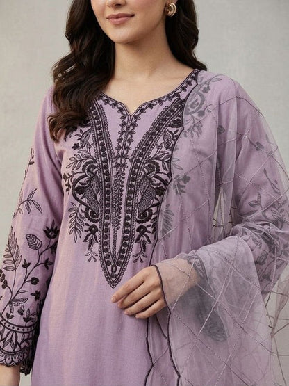 Mal Cotton Sequence Embroidered Suit Set with Palazzo & Organza Dupatta