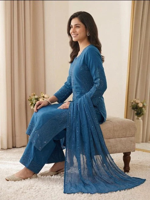 Mal Chanderi Hand Mirror Embroidered Suit Set with Palazzo & Organza Dupatta