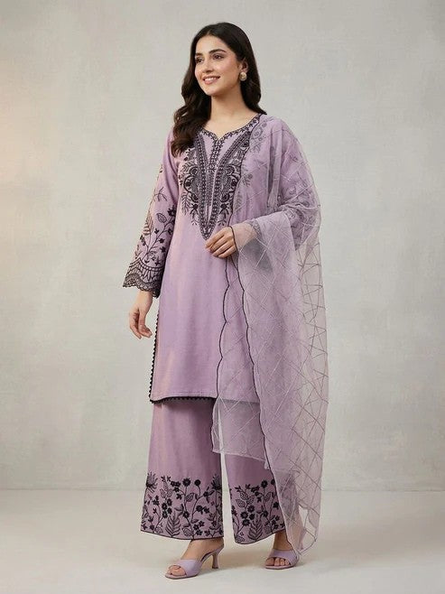 Mal Cotton Sequence Embroidered Suit Set with Palazzo & Organza Dupatta