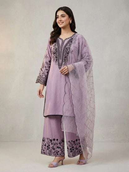 Mal Cotton Sequence Embroidered Suit Set with Palazzo & Organza Dupatta