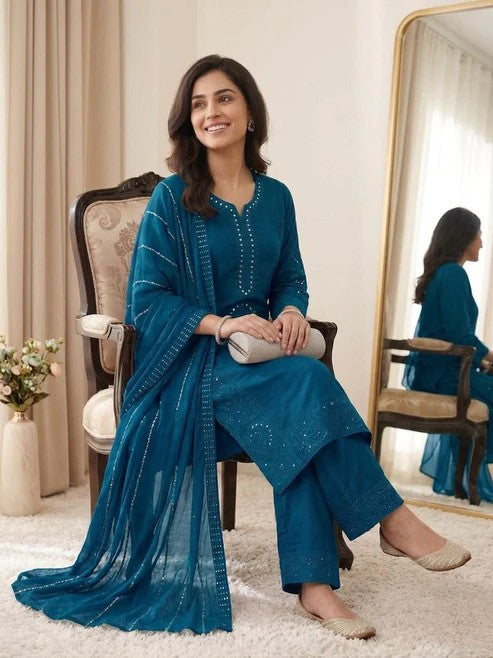 Mal Chanderi Hand Mirror Embroidered Suit Set with Palazzo & Organza Dupatta