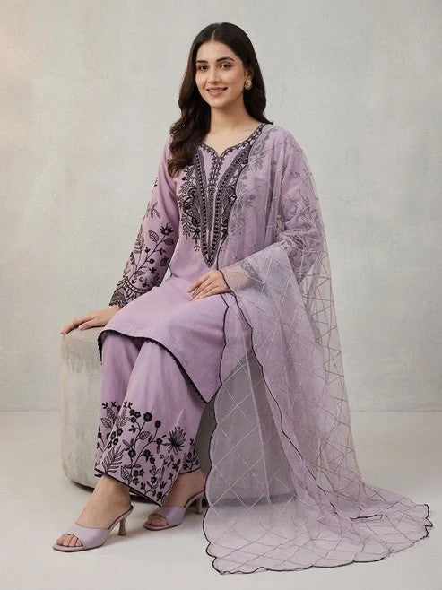 Mal Cotton Sequence Embroidered Suit Set with Palazzo & Organza Dupatta