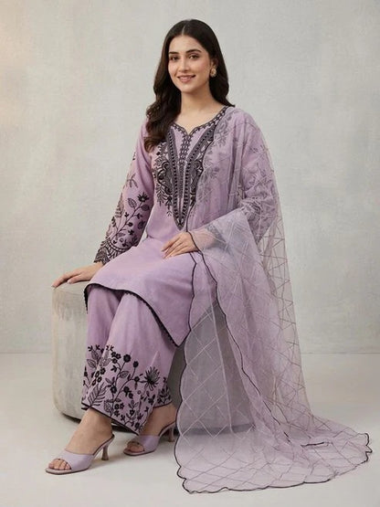 Mal Cotton Sequence Embroidered Suit Set with Palazzo & Organza Dupatta
