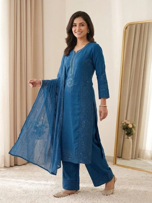 Mal Chanderi Hand Mirror Embroidered Suit Set with Palazzo & Organza Dupatta