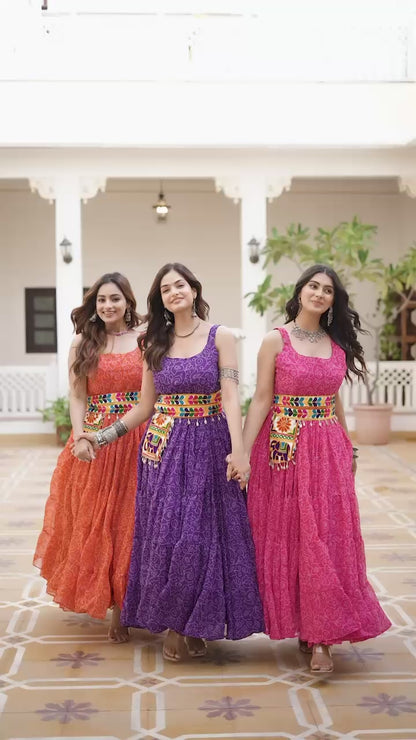 Navratri Special Bandhani Print Gamathi Work Gown with Pocket Purse